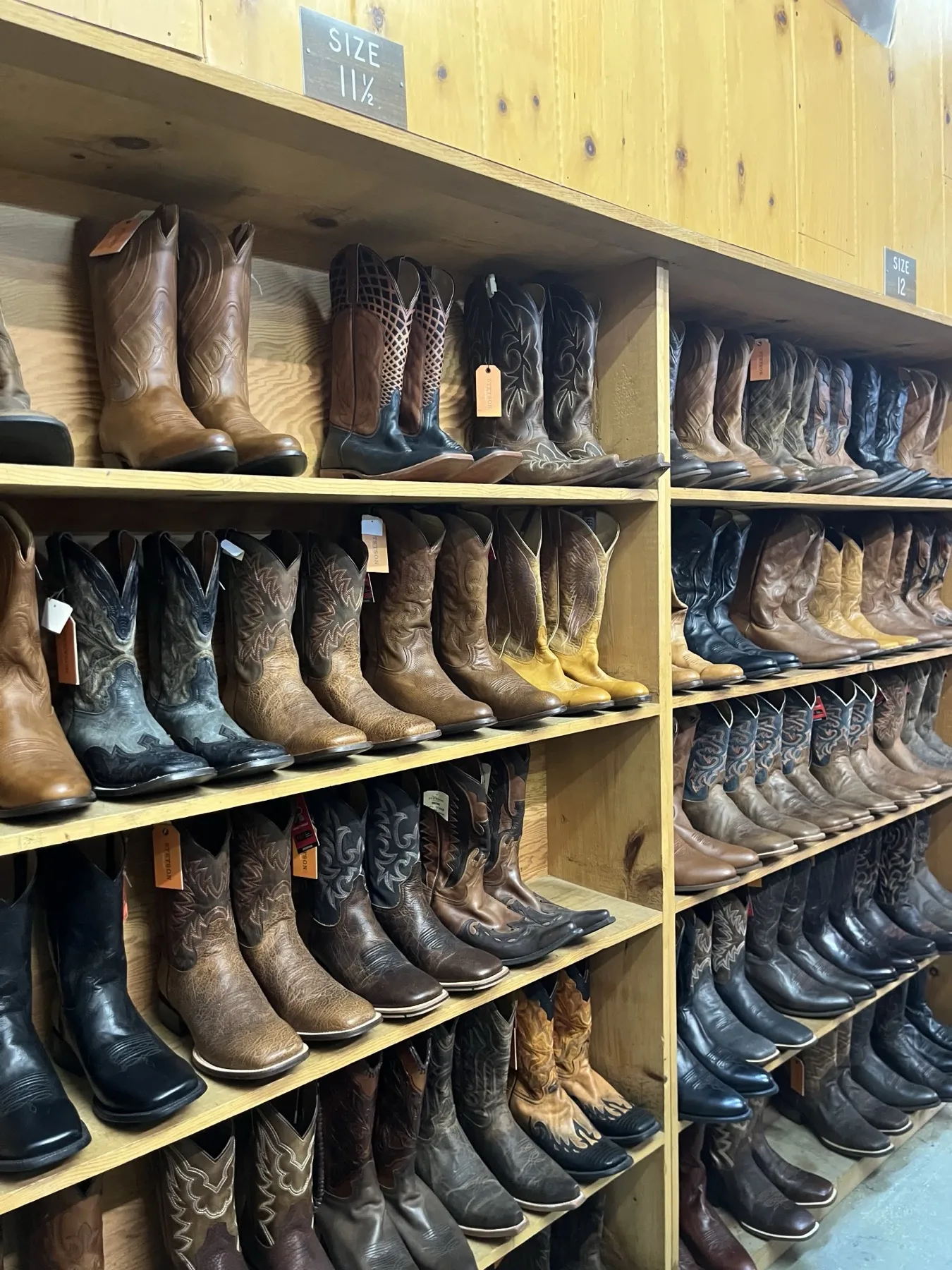 Rows of cowboy boots arranged by size on wooden shelves