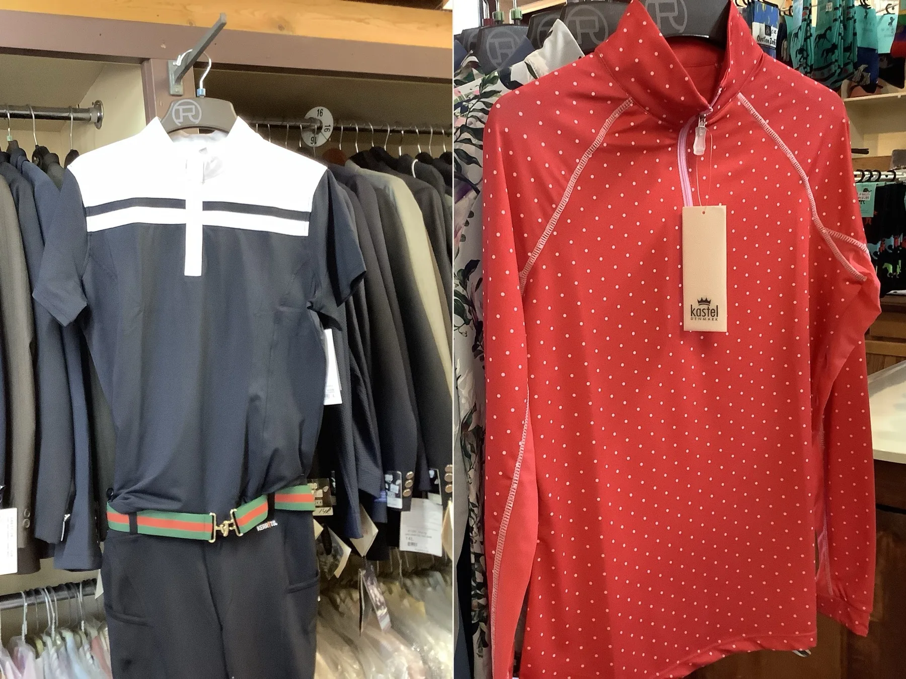 Two English show shirts on hangers, side by side